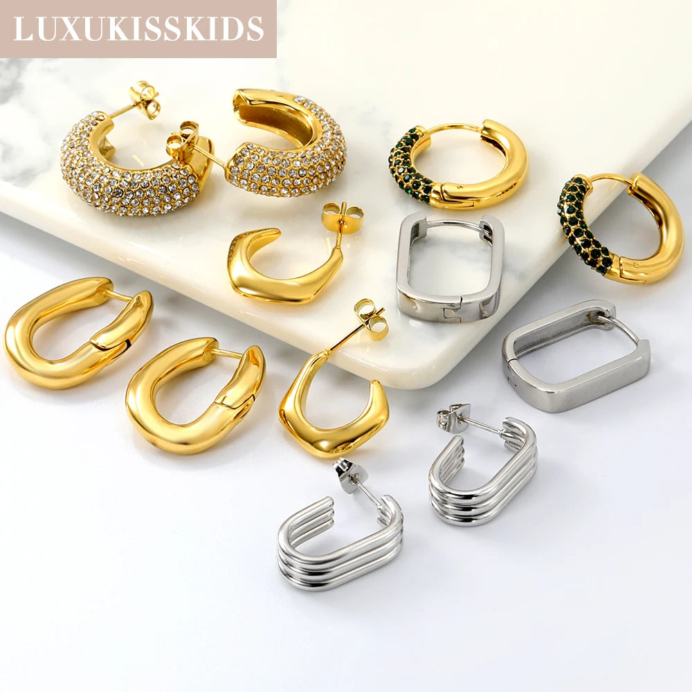 LUXUKISSKIDS Trendy Thick Round Earrings Stainless Steel Hoops for Woman/Girls Statement Huggie серьги Vintage Party Accessories