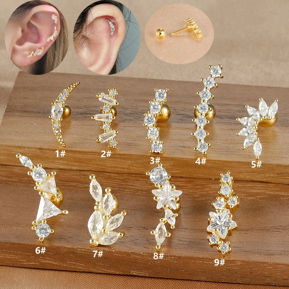 1PC 316L Stainless Steel Geometry Stud Earrings For Women Fashion Star Moon Lobe Daith Helix Cartilage Earring Piercing Jewelry