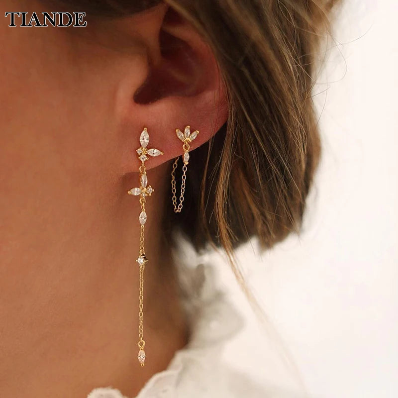 TIANDE Exquisite Zircon Tassel Chain Dangle Earrings for Women Fashion Gold Color Pierced Ear Stud Earrings Jewelry Accessories