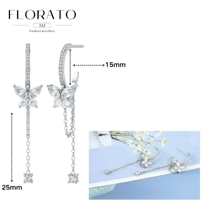 Women Pure Silver Series 925 Sterling Silver Ear Needle Geometric/Butterfly Flowers Pendant hoop Earrings Crystal Zircon Jewelry