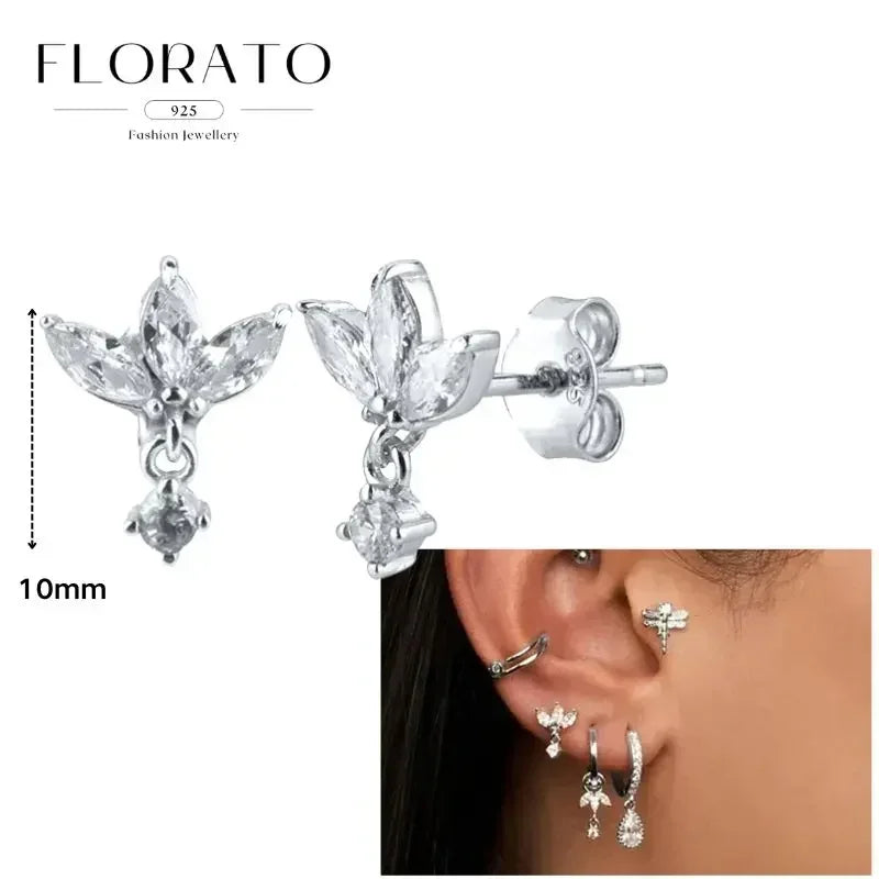 Women Pure Silver Series 925 Sterling Silver Ear Needle Geometric/Butterfly Flowers Pendant hoop Earrings Crystal Zircon Jewelry