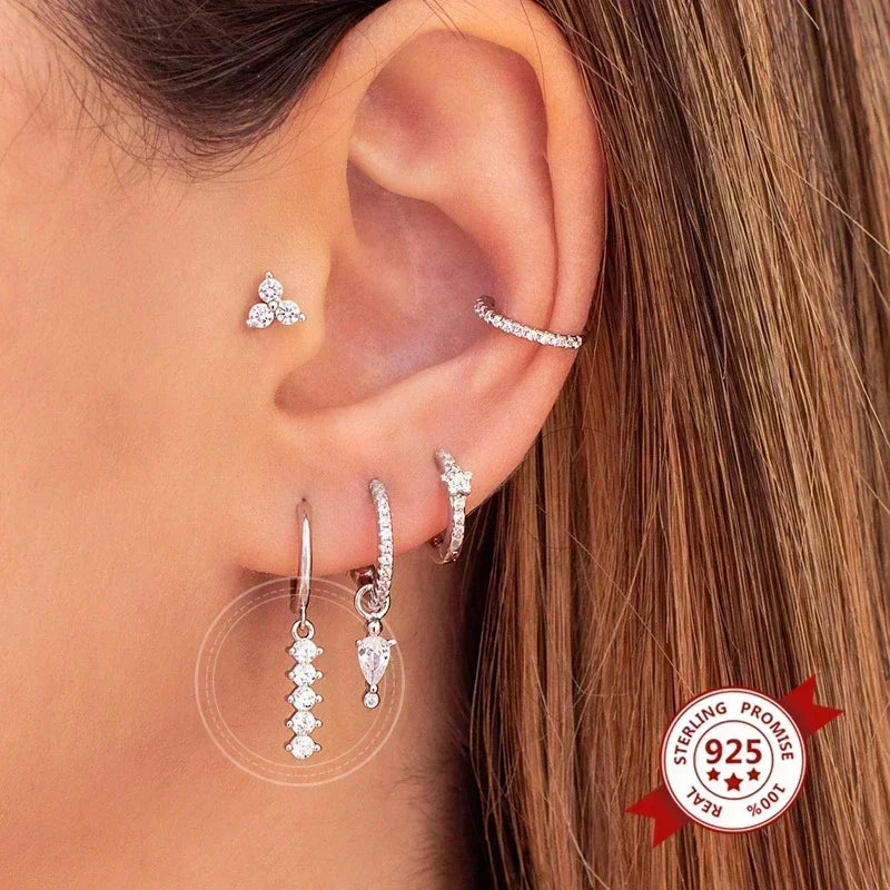 Women Pure Silver Series 925 Sterling Silver Ear Needle Geometric/Butterfly Flowers Pendant hoop Earrings Crystal Zircon Jewelry