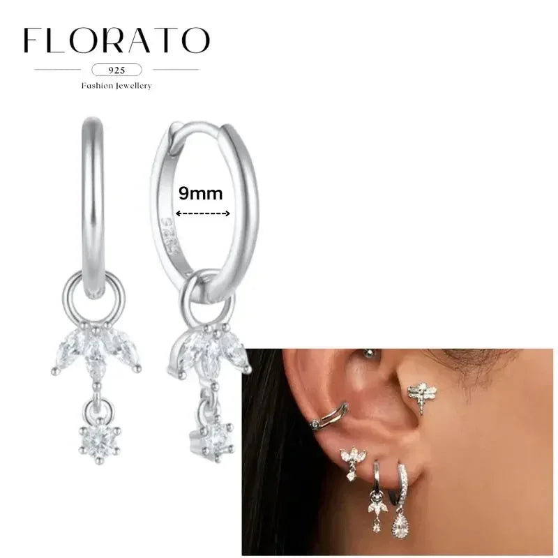 Women Pure Silver Series 925 Sterling Silver Ear Needle Geometric/Butterfly Flowers Pendant hoop Earrings Crystal Zircon Jewelry