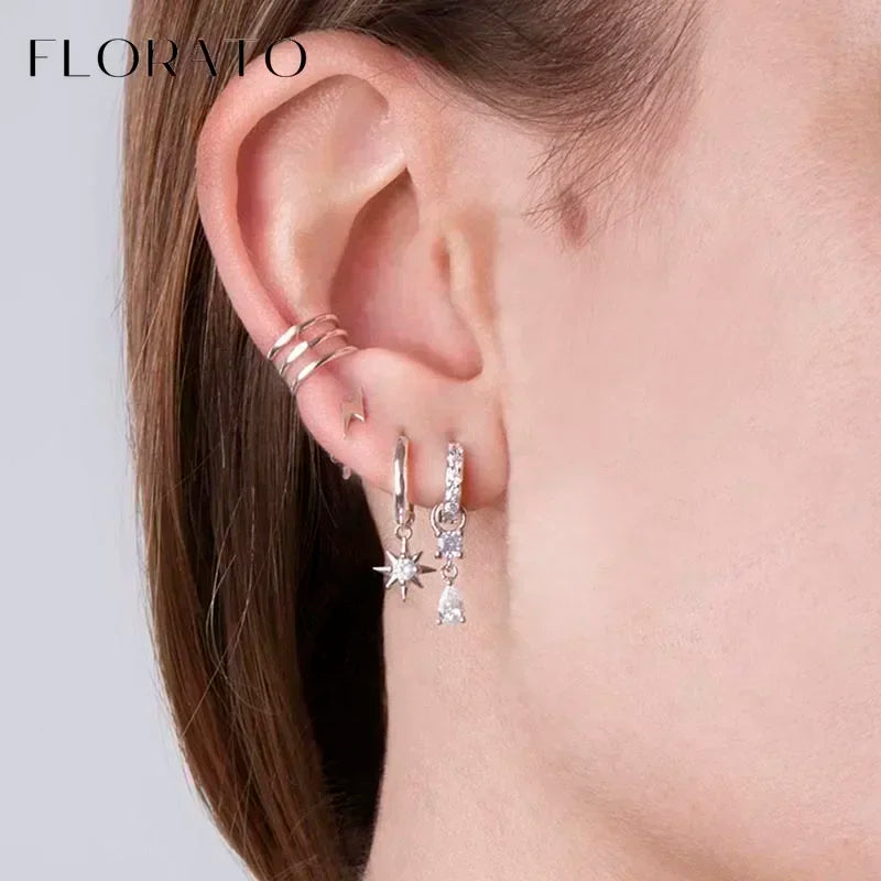 Women Pure Silver Series 925 Sterling Silver Ear Needle Geometric/Butterfly Flowers Pendant hoop Earrings Crystal Zircon Jewelry