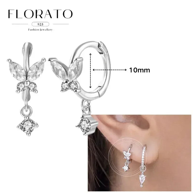 Women Pure Silver Series 925 Sterling Silver Ear Needle Geometric/Butterfly Flowers Pendant hoop Earrings Crystal Zircon Jewelry